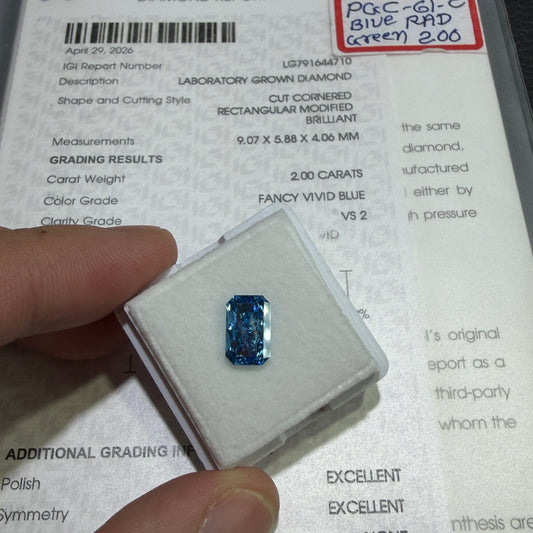 2.00ct Cut Cornered Rectangular Modified Brilliant Lab Grown Diamond (Fancy Vivid Blue, VS2, IGI Certified)