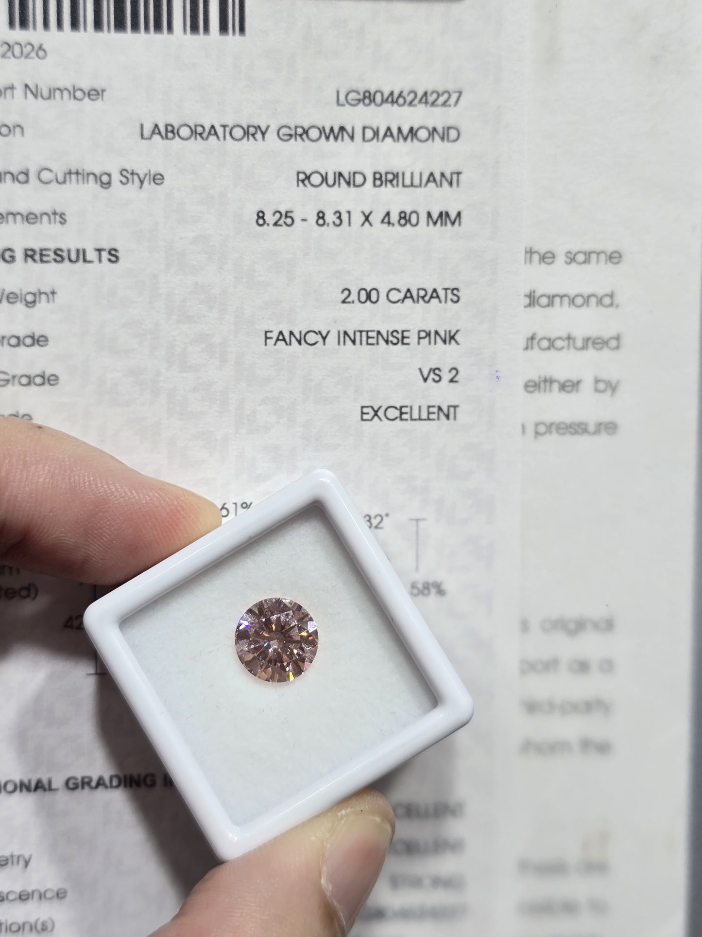 2.00ct Round Brilliant Lab Grown Diamond (Colour Fancy Intense Pink, Clarity VS2, IGI Certified)