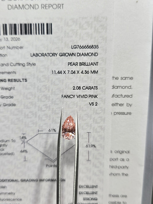 2.08ct Pear Lab Grown Diamond (Colour Fancy Vivid Pink, Clarity VS2, IGI Certified)