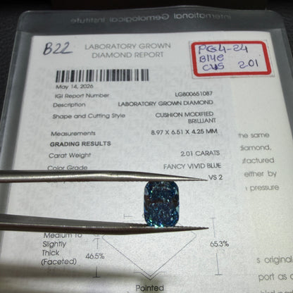 2.01ct Cushion Modified Brilliant Lab Grown Diamond (Fancy Vivid Blue, VS2, IGI Certified)