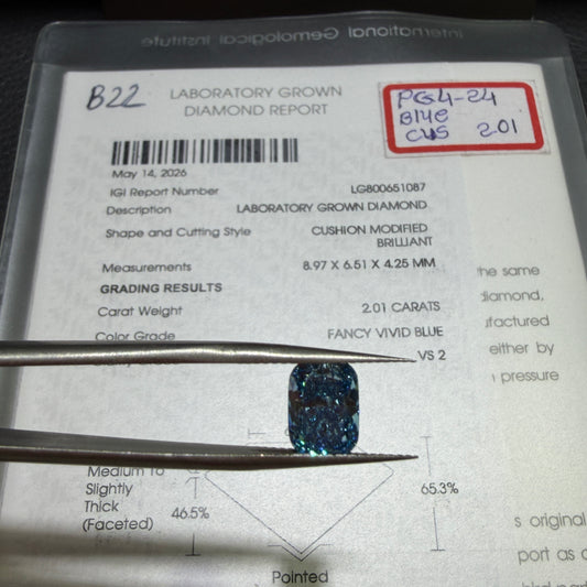 2.01ct Cushion Modified Brilliant Lab Grown Diamond (Fancy Vivid Blue, VS2, IGI Certified)