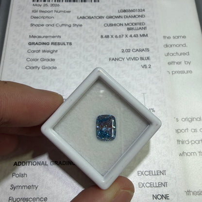 2.02ct Cushion Modified Brilliant Lab Grown Diamond (Fancy Vivid Blue, VS2, IGI Certified)