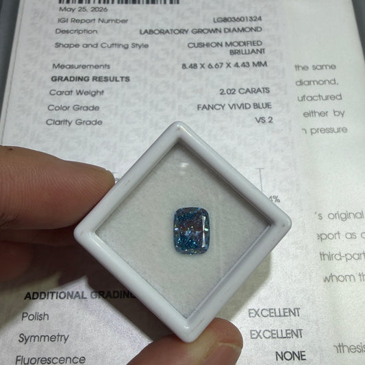 2.02ct Cushion Modified Brilliant Lab Grown Diamond (Fancy Vivid Blue, VS2, IGI Certified)