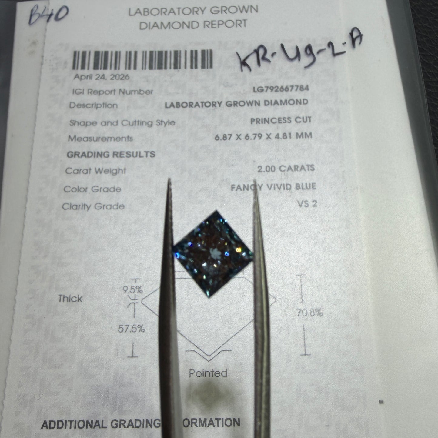 2.00ct Princess Cut Lab Grown Diamond (Fancy Vivid Blue, VS2, IGI Certified)