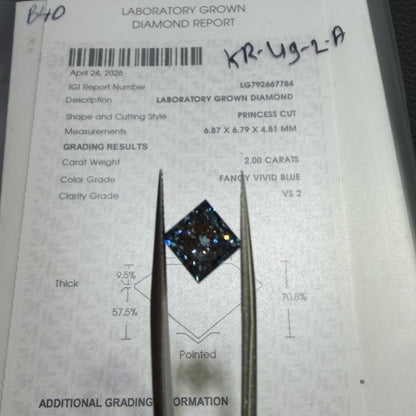2.00ct Princess Cut Lab Grown Diamond (Fancy Vivid Blue, VS2, IGI Certified)