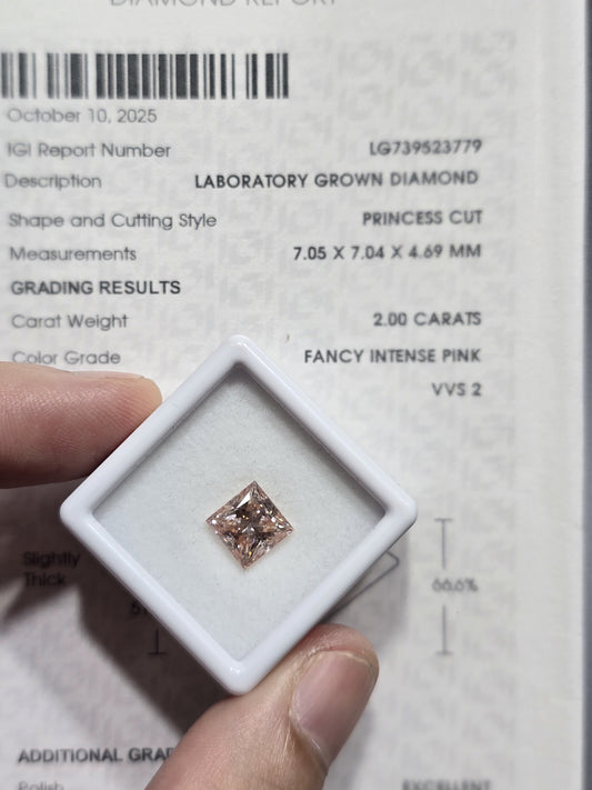 2.00ct Princess Lab Grown Diamond (Colour Fancy Intense Pink, Clarity VVS2, IGI Certified)