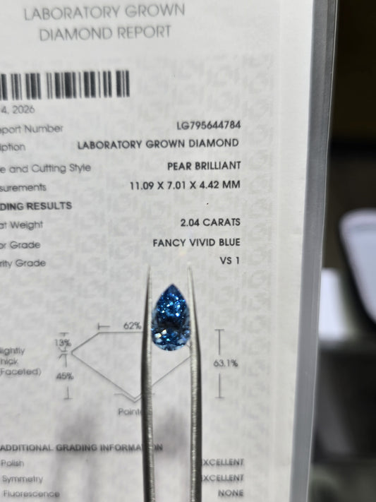 2.04ct Pear Lab Grown Diamond (Colour Fancy Vivid Blue, Clarity VS1, IGI Certified)