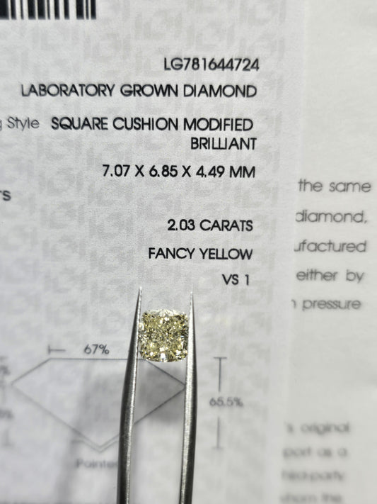 2.03ct Square Cushion Modified Brilliant Lab Grown Diamond (Fancy Yellow, VS1, IGI Certified)
