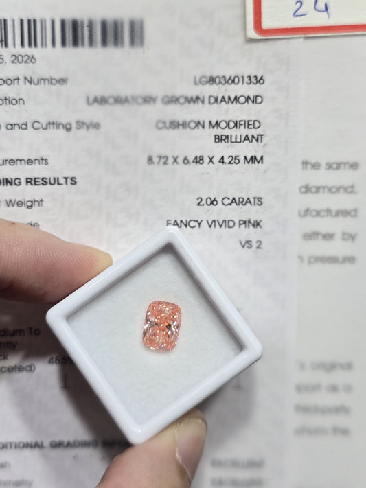 2.06ct Cushion Modified Brilliant Lab Grown Diamond (Colour Fancy Vivid Pink, Clarity VS2, IGI Certified)