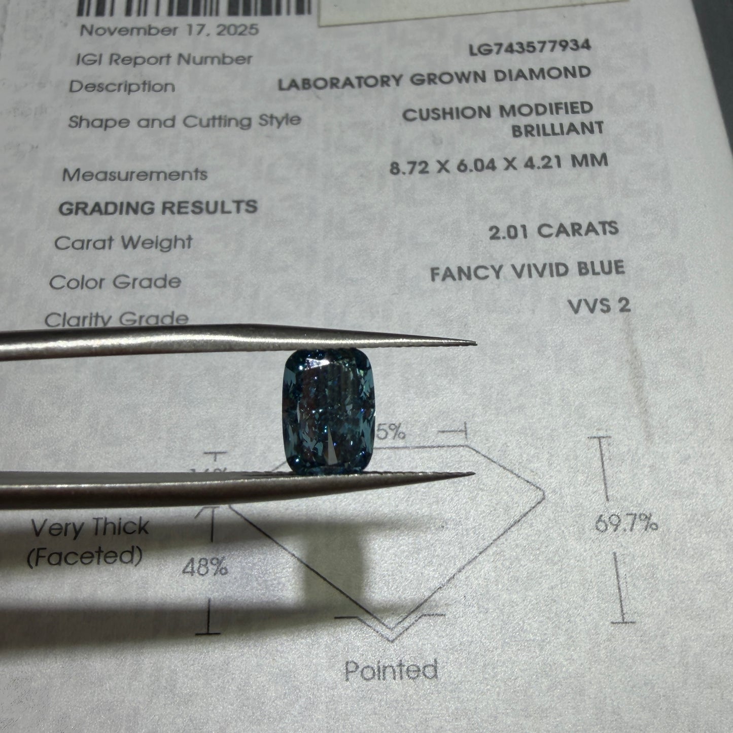 2.01ct Cushion Modified Brilliant Lab Grown Diamond (Fancy Vivid Blue, VVS2, IGI Certified)