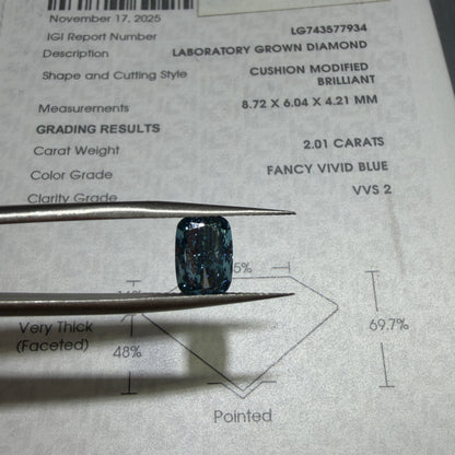 2.01ct Cushion Modified Brilliant Lab Grown Diamond (Fancy Vivid Blue, VVS2, IGI Certified)