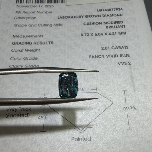 2.01ct Cushion Modified Brilliant Lab Grown Diamond (Fancy Vivid Blue, VVS2, IGI Certified)