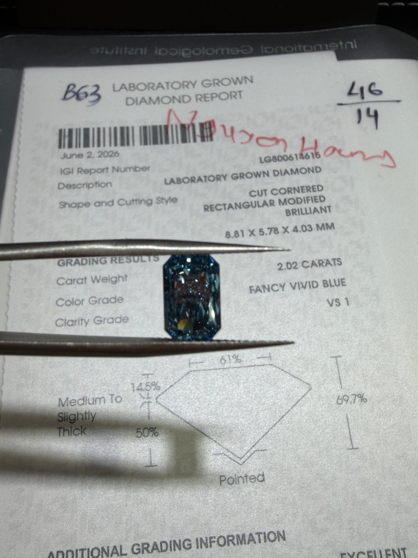 2.02ct Cut Cornered Rectangular Modified Brilliant Lab Grown Diamond (Fancy Vivid Blue, VS1, IGI Certified)
