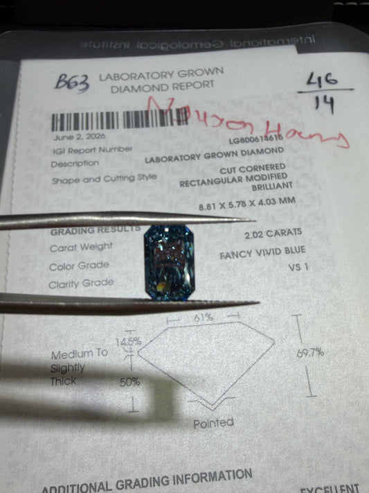 2.02ct Cut Cornered Rectangular Modified Brilliant Lab Grown Diamond (Fancy Vivid Blue, VS1, IGI Certified)