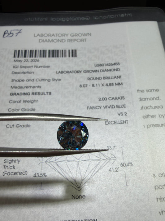 2.00ct Round Brilliant Lab Grown Diamond (Fancy Vivid Blue, VS2, IGI Certified)