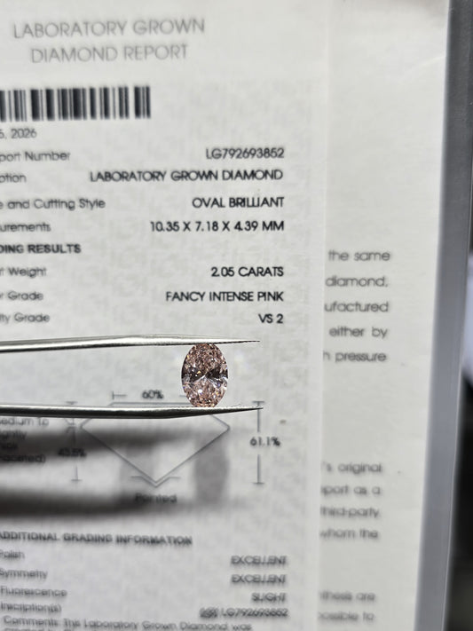 2.05ct Oval Lab Grown Diamond (Colour Fancy Intense Pink, Clarity VS2, IGI Certified)