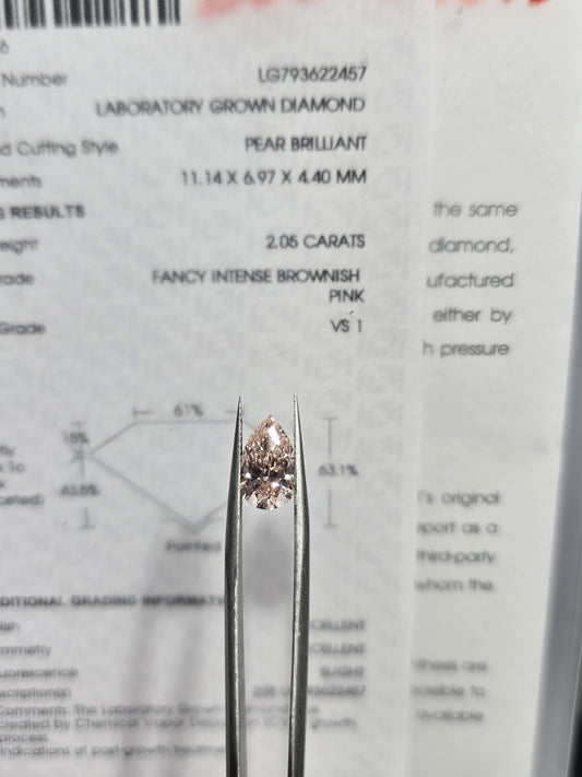 2.05ct Pear Lab Grown Diamond (Colour Fancy Intense Brownish Pink, Clarity VS1, IGI Certified)