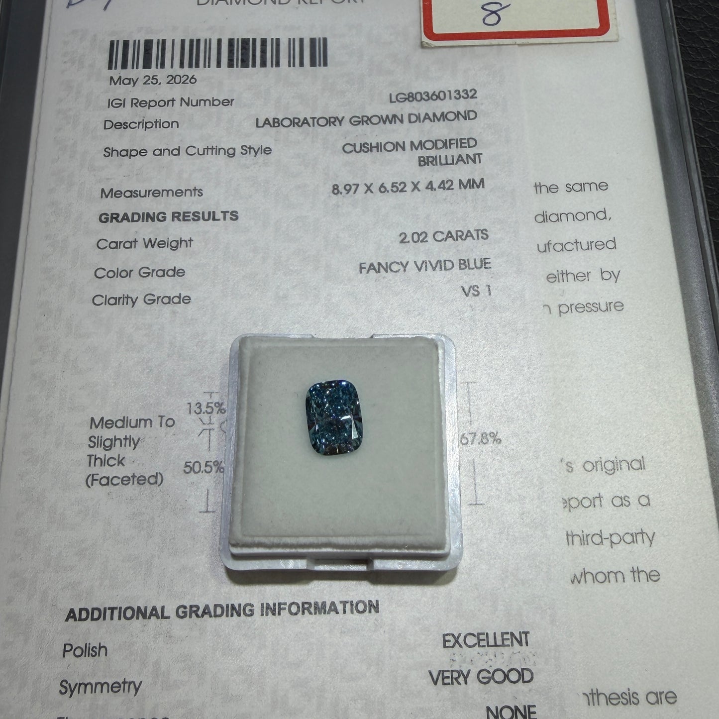 2.02ct Cushion Modified Brilliant Lab Grown Diamond (Fancy Vivid Blue, VS1, IGI Certified)