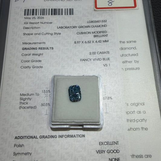 2.02ct Cushion Modified Brilliant Lab Grown Diamond (Fancy Vivid Blue, VS1, IGI Certified)