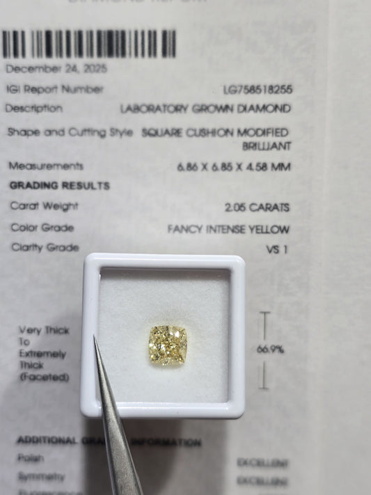 2.05ct Square Cushion Modified Brilliant Lab Grown Diamond (Colour Fancy Intense Yellow, Clarity VS1, IGI Certified)
