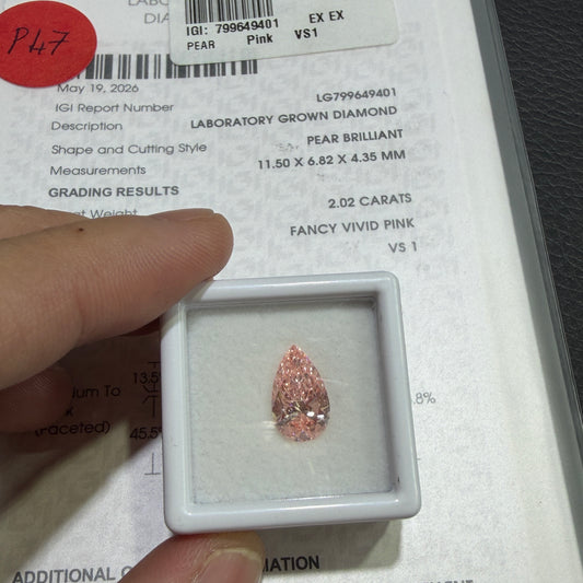2.02ct Pear Brilliant Lab Grown Diamond (Fancy Vivid Pink, VS1, IGI Certified)