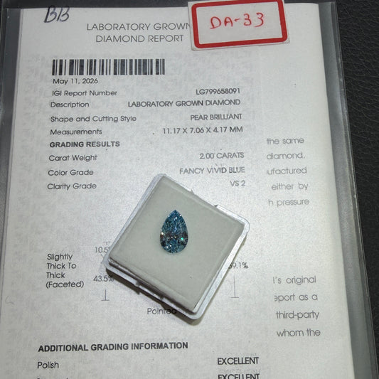 2.00ct Pear Brilliant Lab Grown Diamond (Fancy Vivid Blue, VS2, IGI Certified)