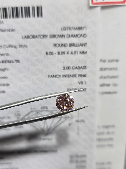 2.00ct Round Brilliant Lab Grown Diamond (Colour Fancy Intense Pink, Clarity VS1, IGI Certified)