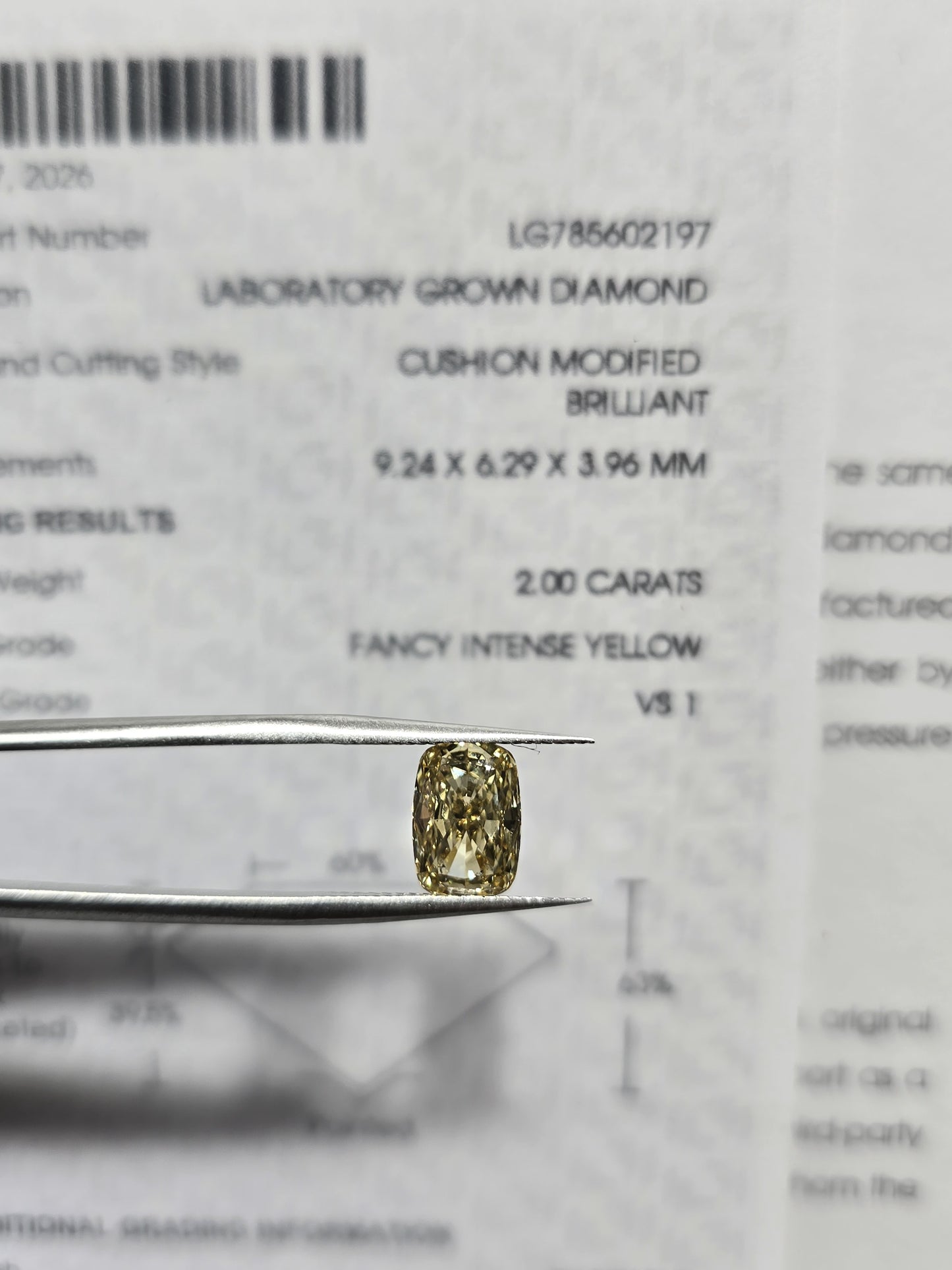 2.00ct Cushion Modified Brilliant Lab Grown Diamond (Colour Fancy Intense Yellow, Clarity VS1, IGI Certified)