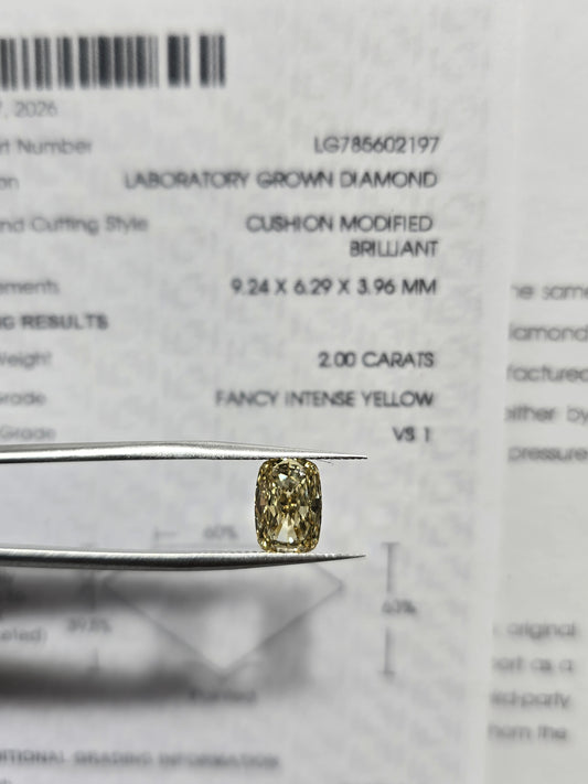 2.00ct Cushion Modified Brilliant Lab Grown Diamond (Colour Fancy Intense Yellow, Clarity VS1, IGI Certified)