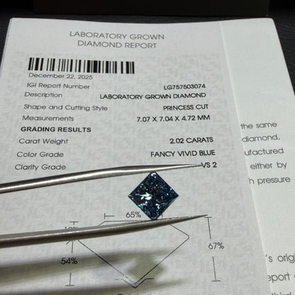 2.02ct Princess Cut Lab Grown Diamond (Fancy Vivid Blue, VS2, IGI Certified)