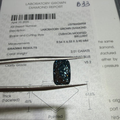 2.01ct Cushion Modified Brilliant Lab Grown Diamond (Fancy Vivid Blue, VS2, IGI Certified)