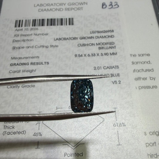 2.01ct Cushion Modified Brilliant Lab Grown Diamond (Fancy Vivid Blue, VS2, IGI Certified)