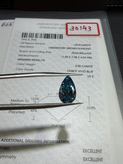 2.02ct Pear Brilliant Lab Grown Diamond (Fancy Vivid Blue, VS2, IGI Certified)