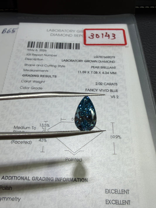 2.02ct Pear Brilliant Lab Grown Diamond (Fancy Vivid Blue, VS2, IGI Certified)
