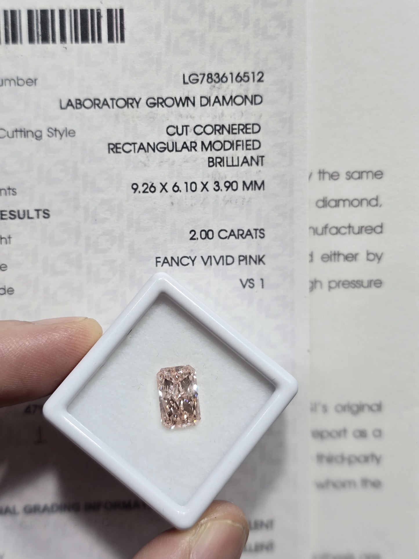 2.00ct Cut Cornered Rectangular Modified Brilliant Lab Grown Diamond (Colour Fancy Vivid Pink, Clarity VS1, IGI Certified)