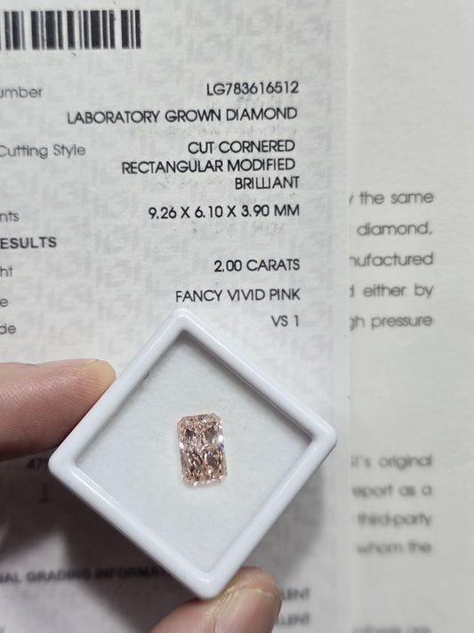 2.00ct Cut Cornered Rectangular Modified Brilliant Lab Grown Diamond (Colour Fancy Vivid Pink, Clarity VS1, IGI Certified)