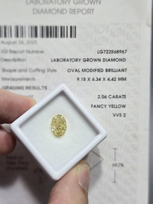 2.06ct Oval Modified Brilliant Lab Grown Diamond (Colour Fancy Yellow, Clarity VVS2, IGI Certified)