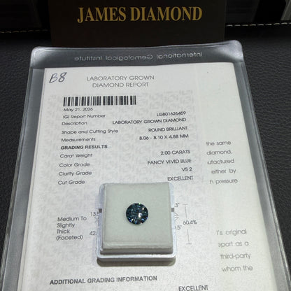 2.00ct Round Brilliant Lab Grown Diamond (Fancy Vivid Blue, VS2, IGI Certified)