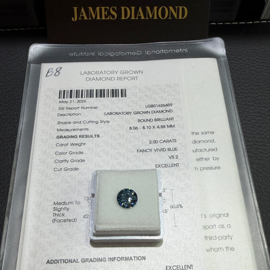 2.00ct Round Brilliant Lab Grown Diamond (Fancy Vivid Blue, VS2, IGI Certified)