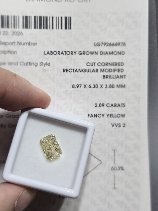 2.09ct Cut Cornered Rectangular Modified Brilliant Lab Grown Diamond (Colour Fancy Yellow, Clarity VVS2, IGI Certified)