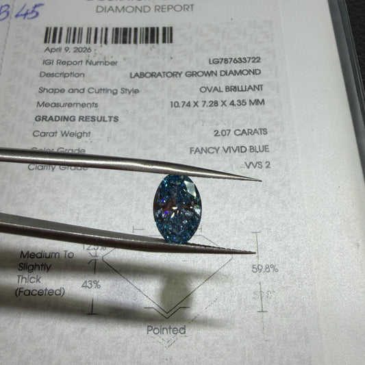 2.07ct Oval Brilliant Lab Grown Diamond (Fancy Vivid Blue, VVS2, IGI Certified)