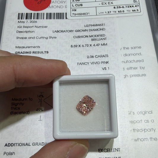 2.06ct Cushion Modified Brilliant Lab Grown Diamond (Fancy Vivid Pink, VS1, IGI Certified)
