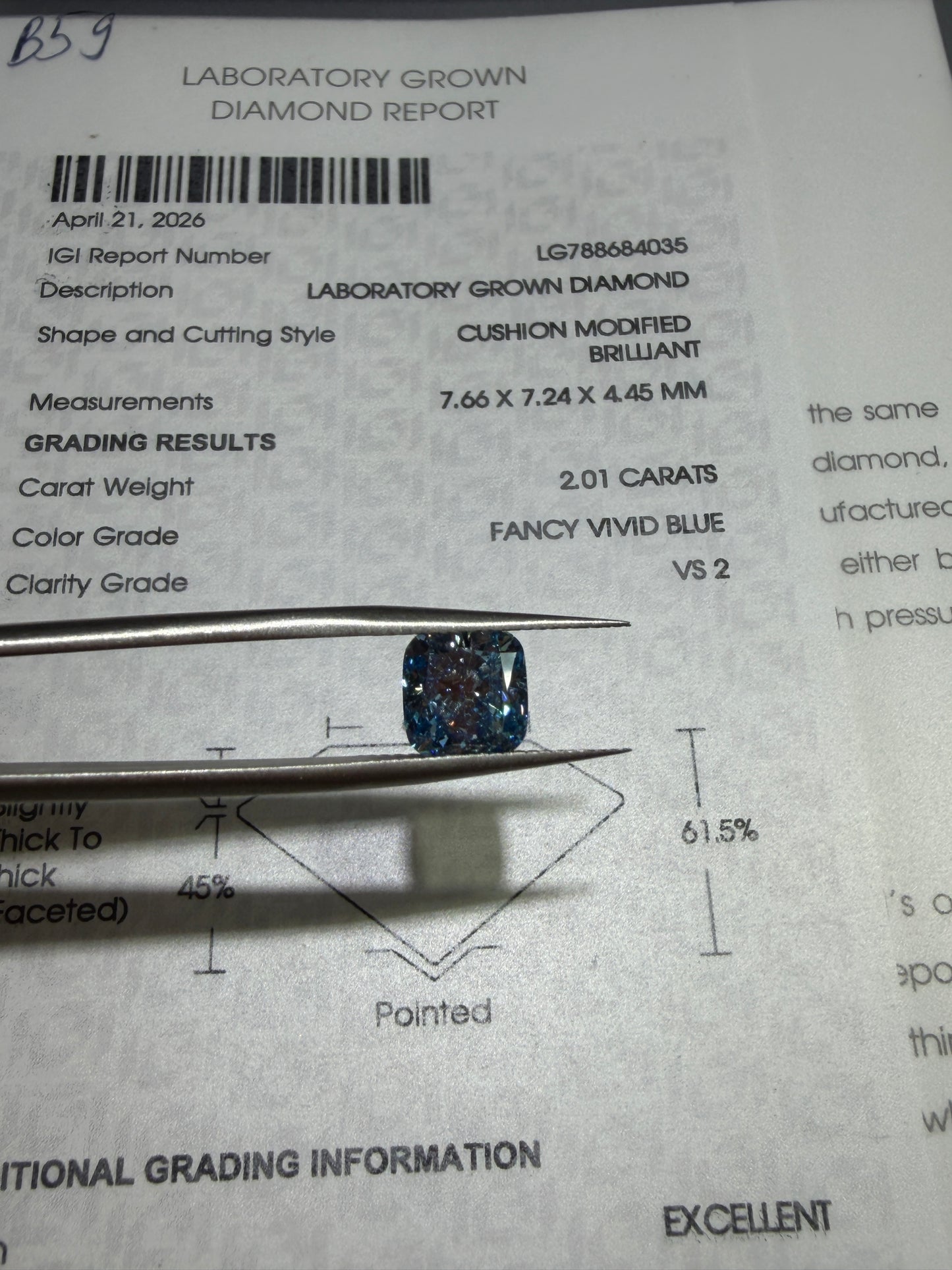 2.01ct Cushion Modified Brilliant Lab Grown Diamond (Fancy Vivid Blue, VS2, IGI Certified)