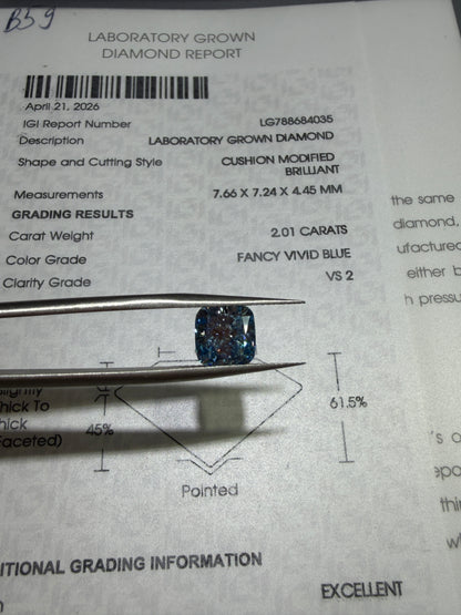 2.01ct Cushion Modified Brilliant Lab Grown Diamond (Fancy Vivid Blue, VS2, IGI Certified)