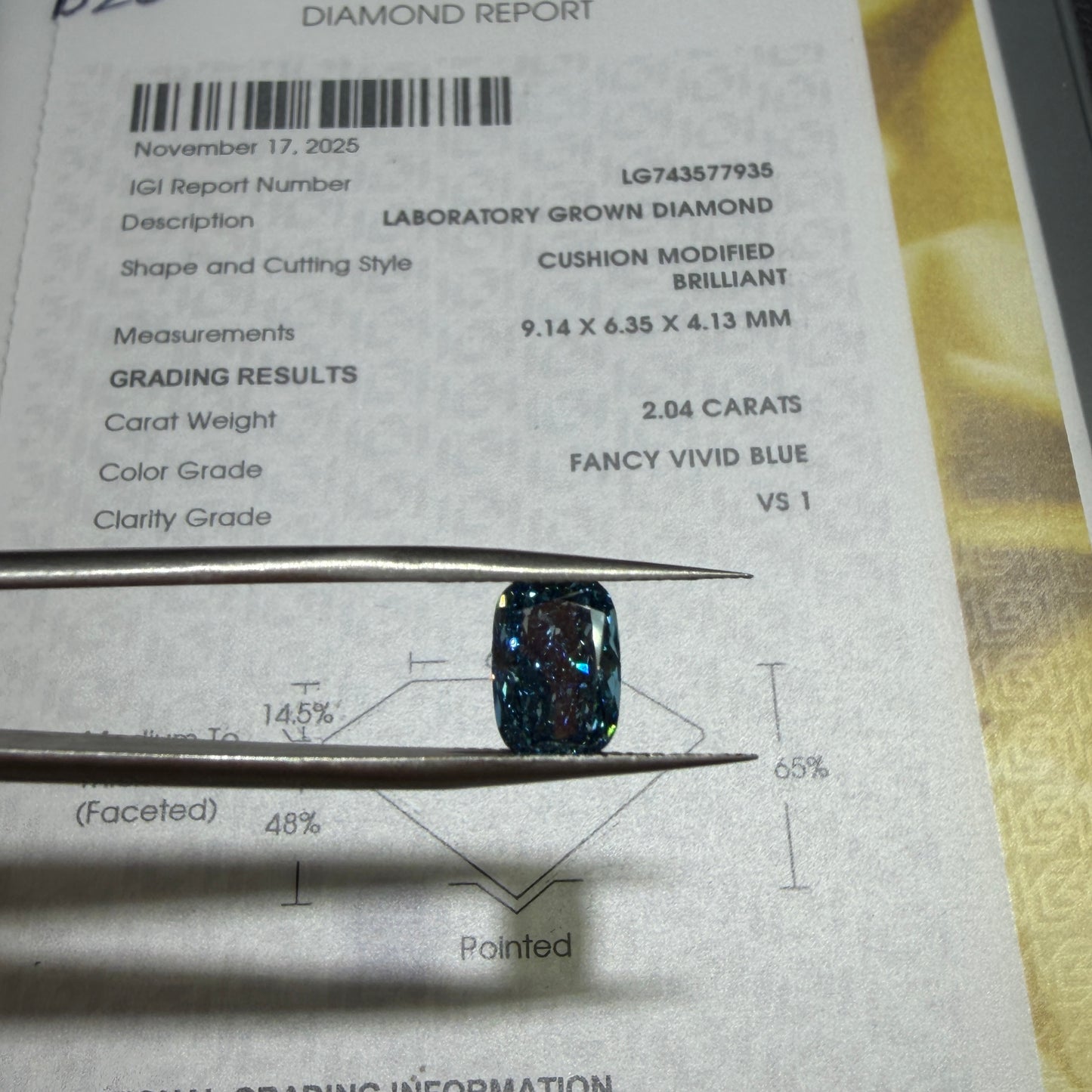 2.04ct Cushion Modified Brilliant Lab Grown Diamond (Fancy Vivid Blue, VS1, IGI Certified)