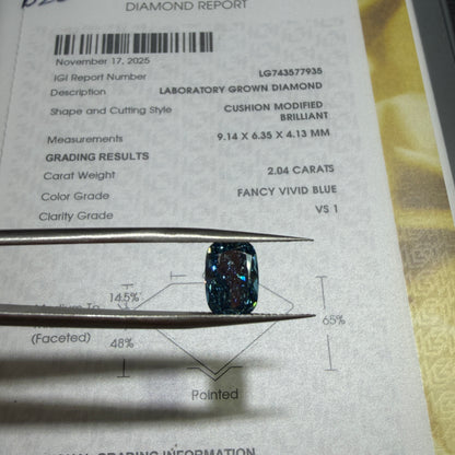 2.04ct Cushion Modified Brilliant Lab Grown Diamond (Fancy Vivid Blue, VS1, IGI Certified)