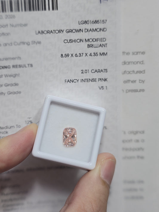 2.01ct Cushion Modified Brilliant Lab Grown Diamond (Colour Fancy Intense Pink, Clarity VS1, IGI Certified)