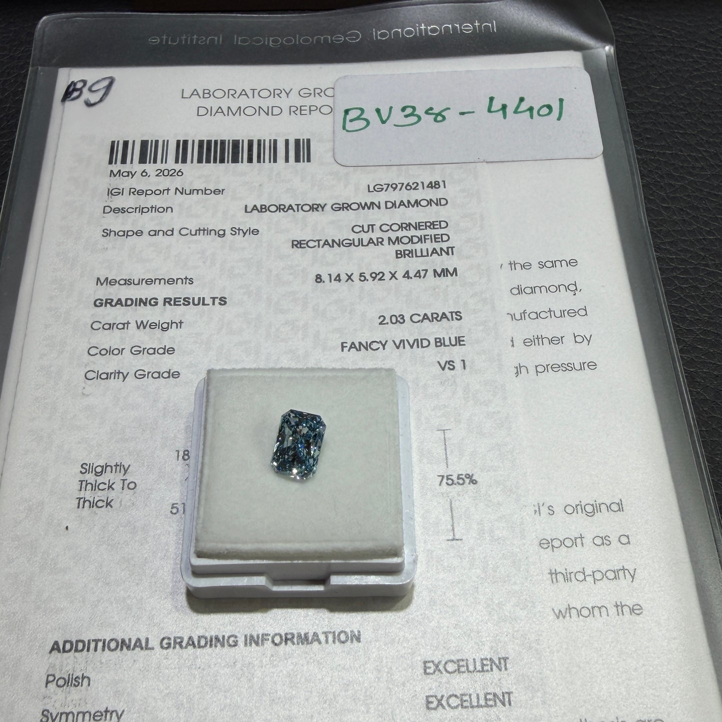 2.03ct Cut Cornered Rectangular Modified Brilliant Lab Grown Diamond (Fancy Vivid Blue, VS1, IGI Certified)