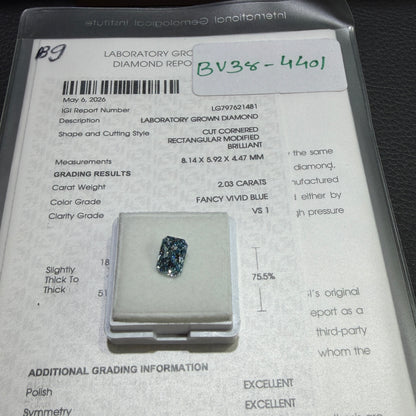 2.03ct Cut Cornered Rectangular Modified Brilliant Lab Grown Diamond (Fancy Vivid Blue, VS1, IGI Certified)