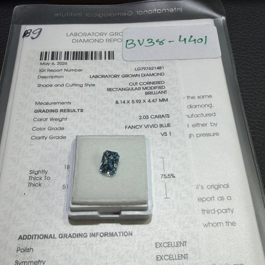 2.03ct Cut Cornered Rectangular Modified Brilliant Lab Grown Diamond (Fancy Vivid Blue, VS1, IGI Certified)
